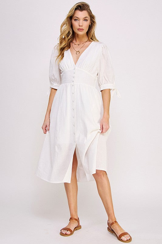 Puff Sleeves V-Neck Button Down Midi Dress