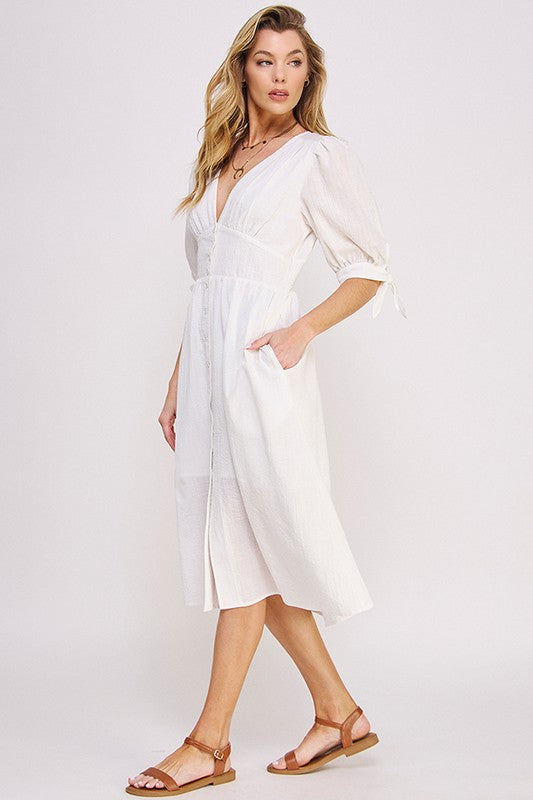 Puff Sleeves V-Neck Button Down Midi Dress