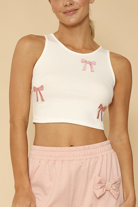 Ribbed Knit Bow Embroidered Tank