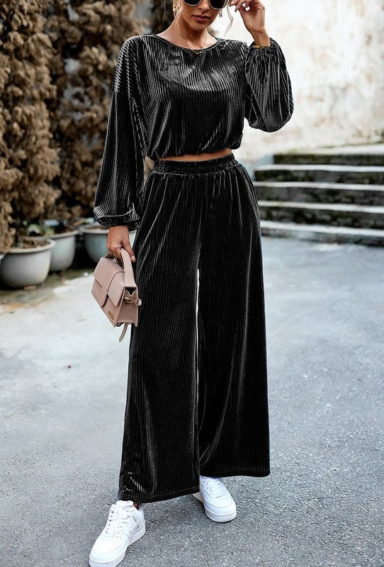 Ribbed Velvet Two Piece Pant Set