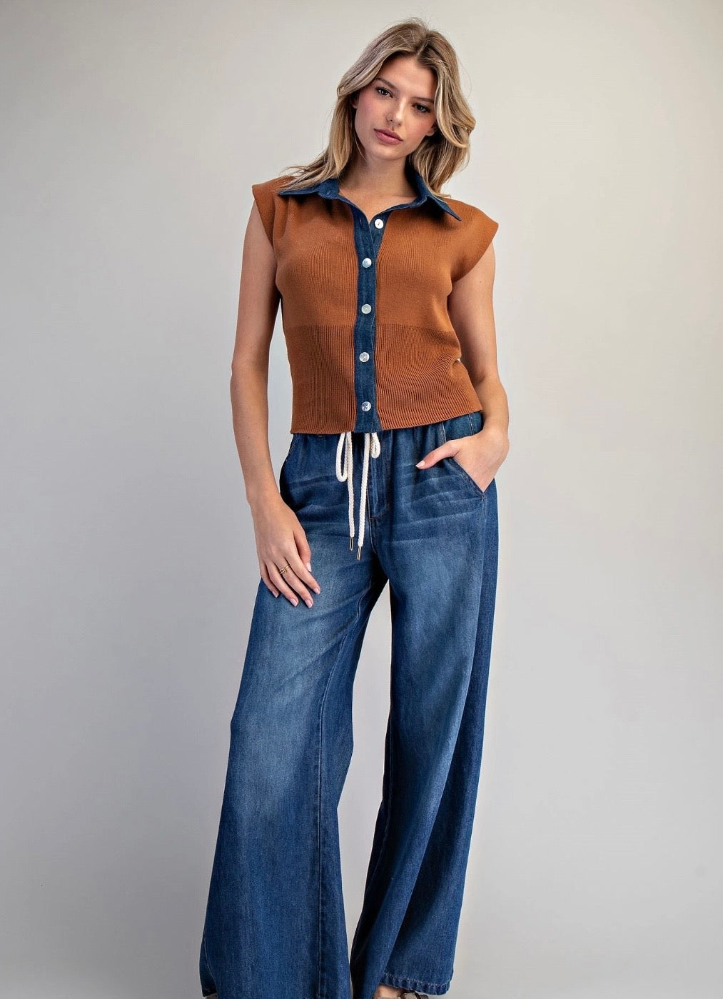Denim Contrast Cap Sleeve Knit Top - Coco