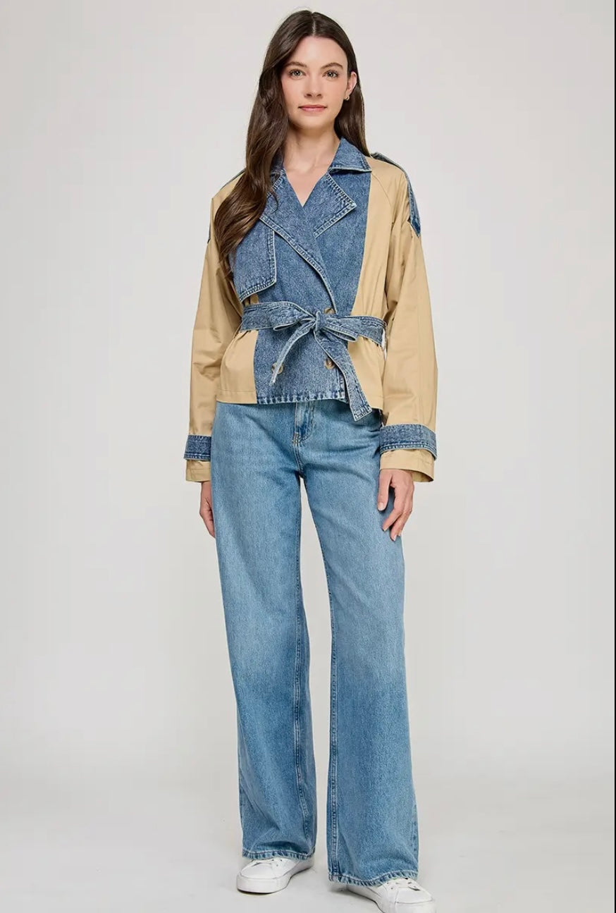 Duo Color Cropped Trench Jacket - Denim