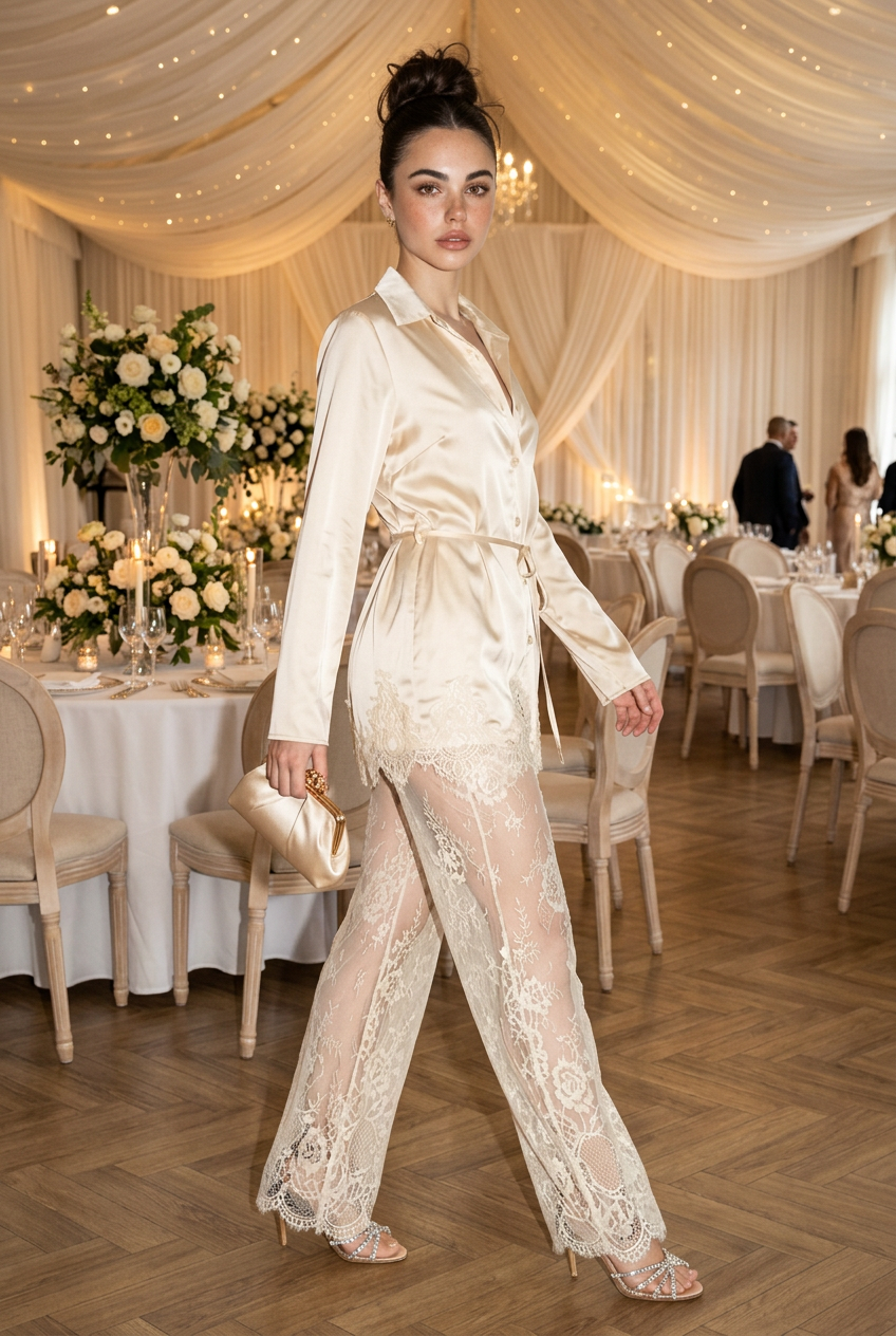 Satin Button Down Top and Lace Pant Set