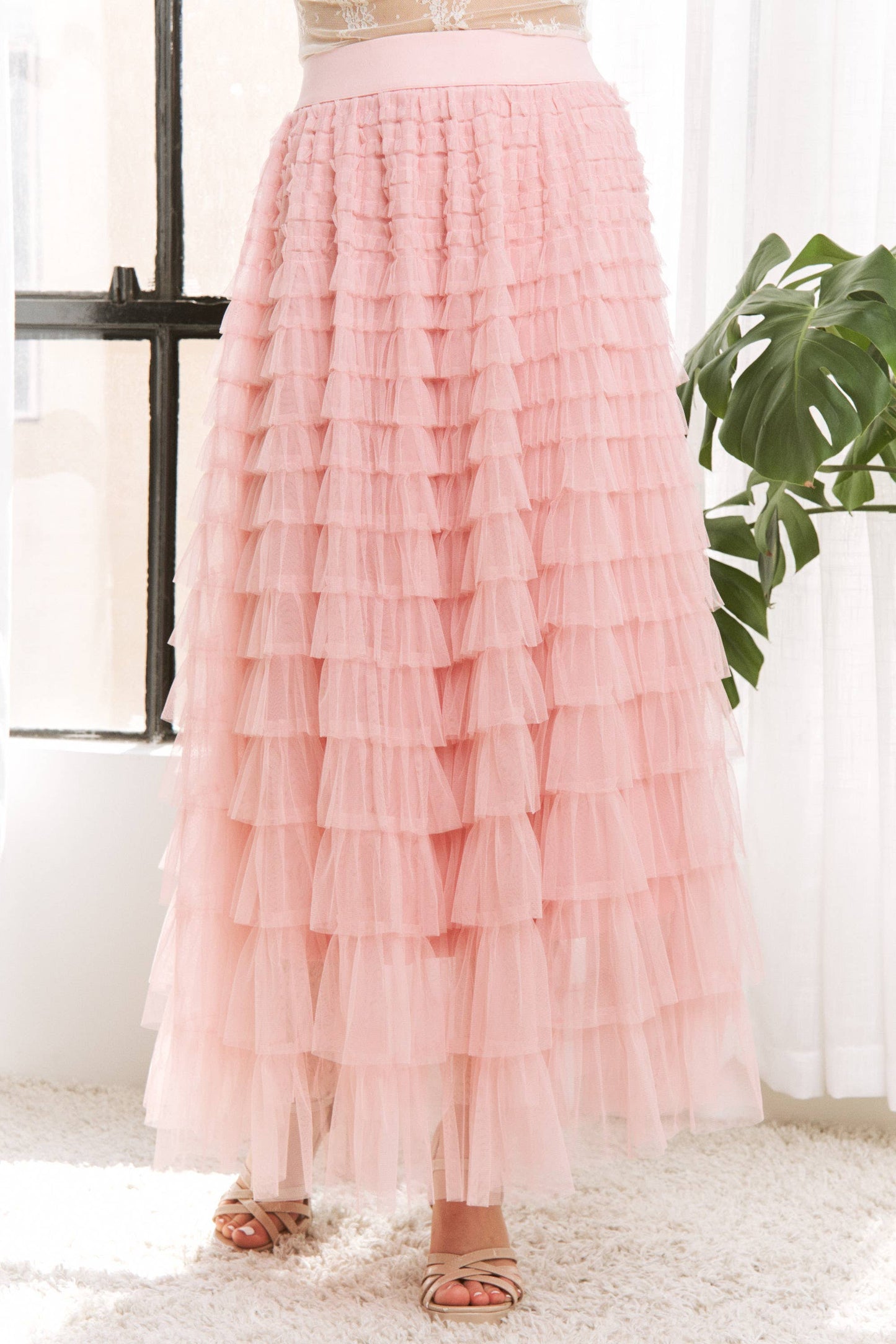 Cascading Tulle Tiered Maxi Skirt - Dusty Rose