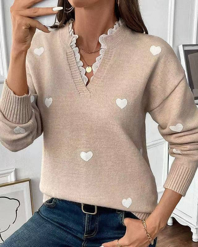 Heart Print Lace Trim Sweater