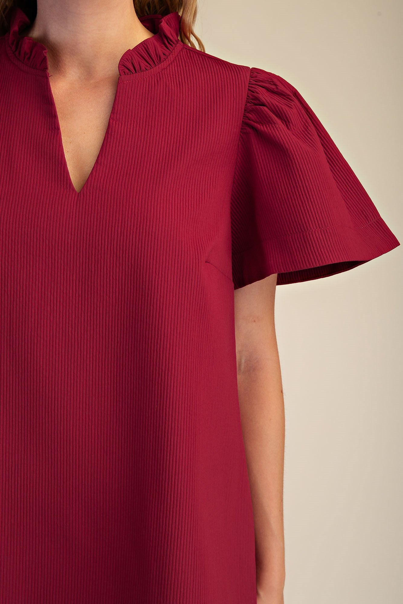 Ruffle V-Neck Mini Dress - Burgundy