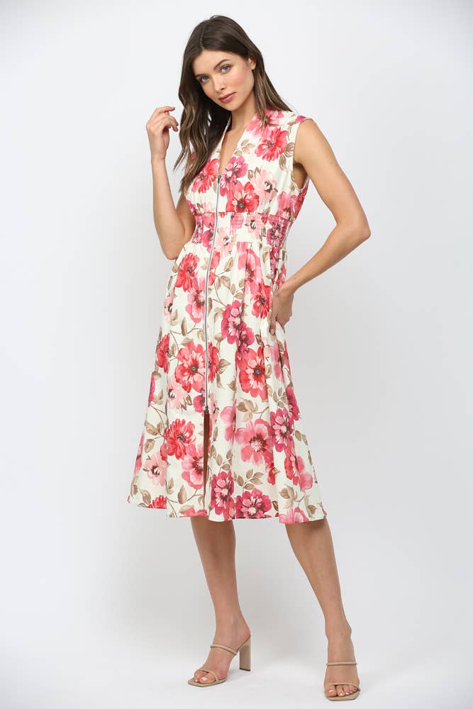 Floral Smocked Waist Front Zip Dress