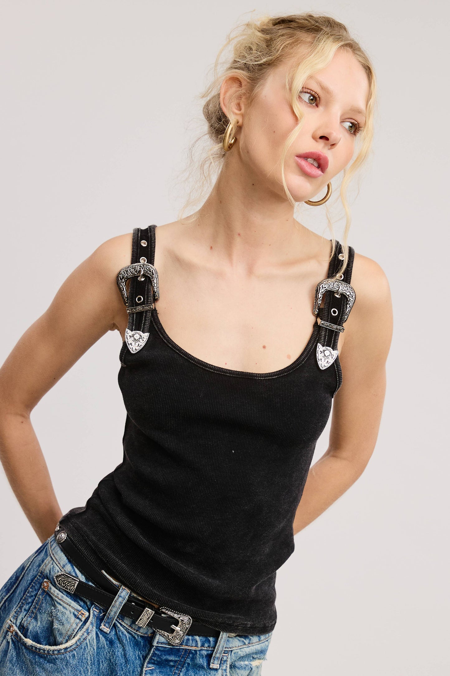 Western Belt Shoulder Straps Tank Top - Black