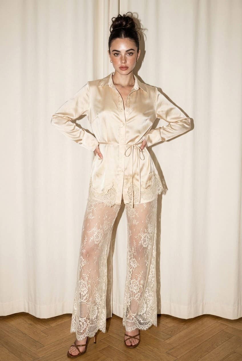 Satin Button Down Top and Lace Pant Set