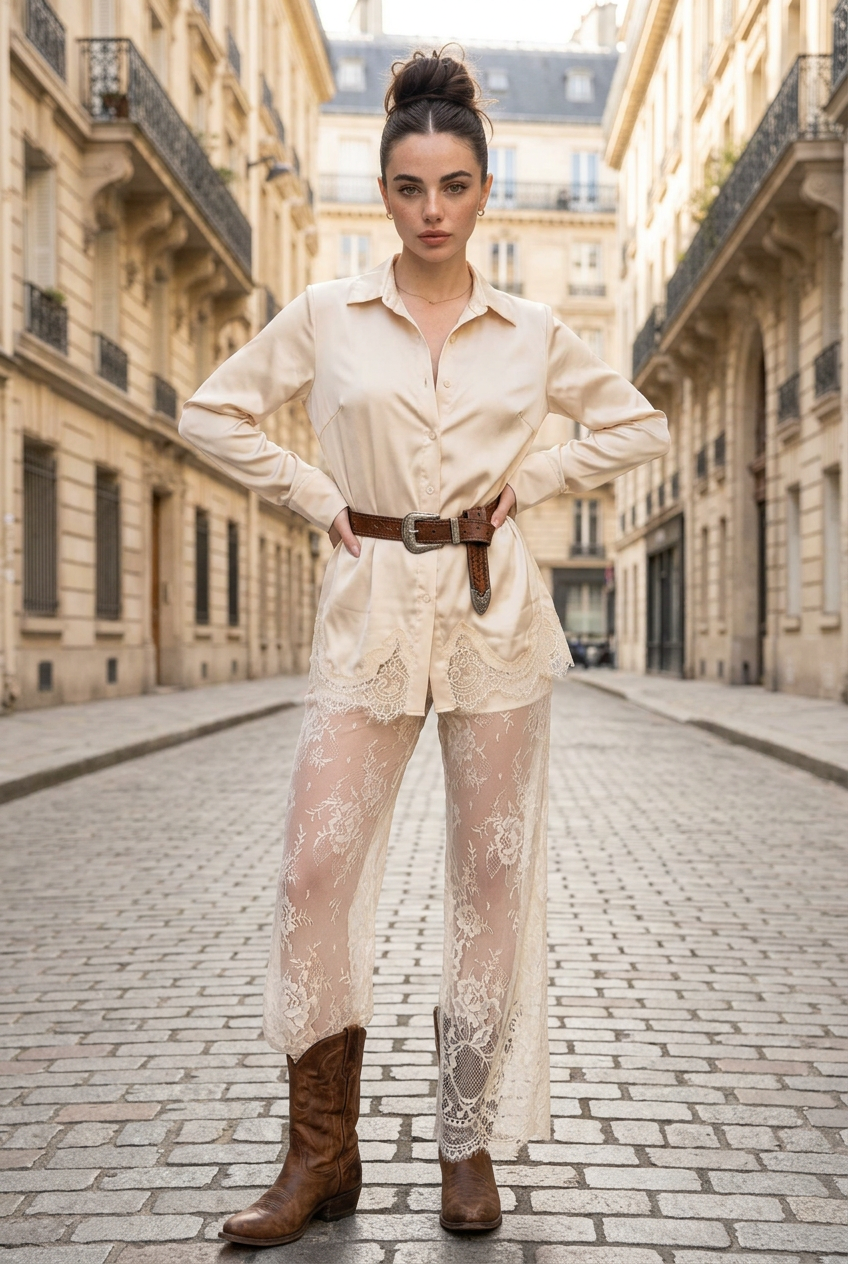 Satin Button Down Top and Lace Pant Set
