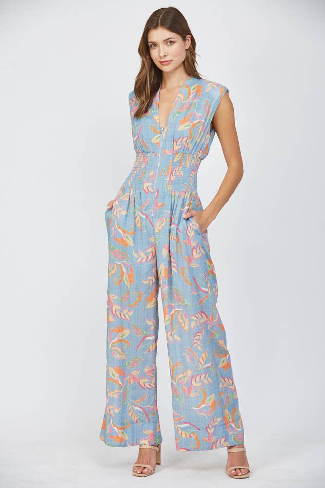Smocked Waist Front Zip Jumpsuit
