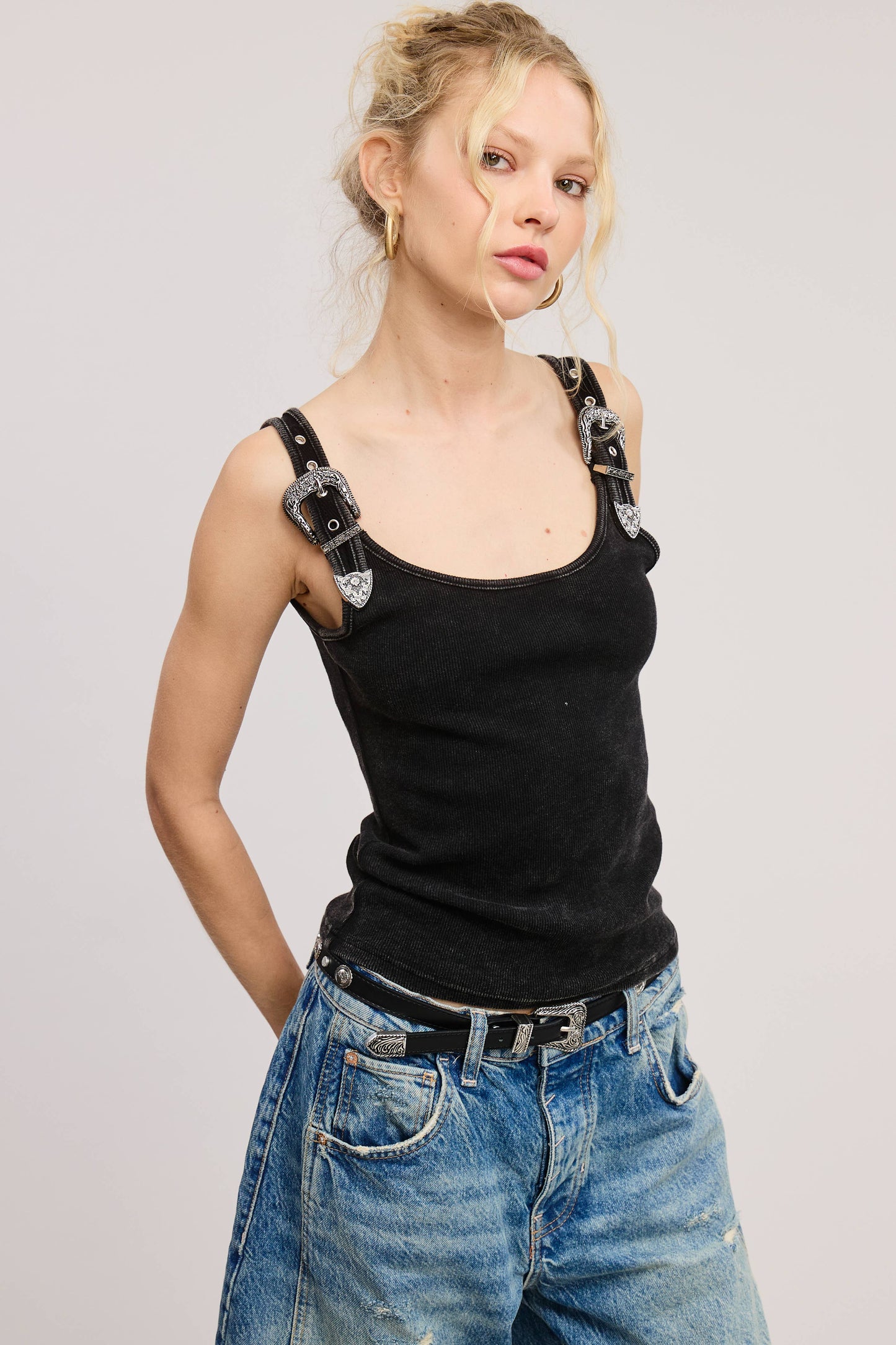 Western Belt Shoulder Straps Tank Top - Black