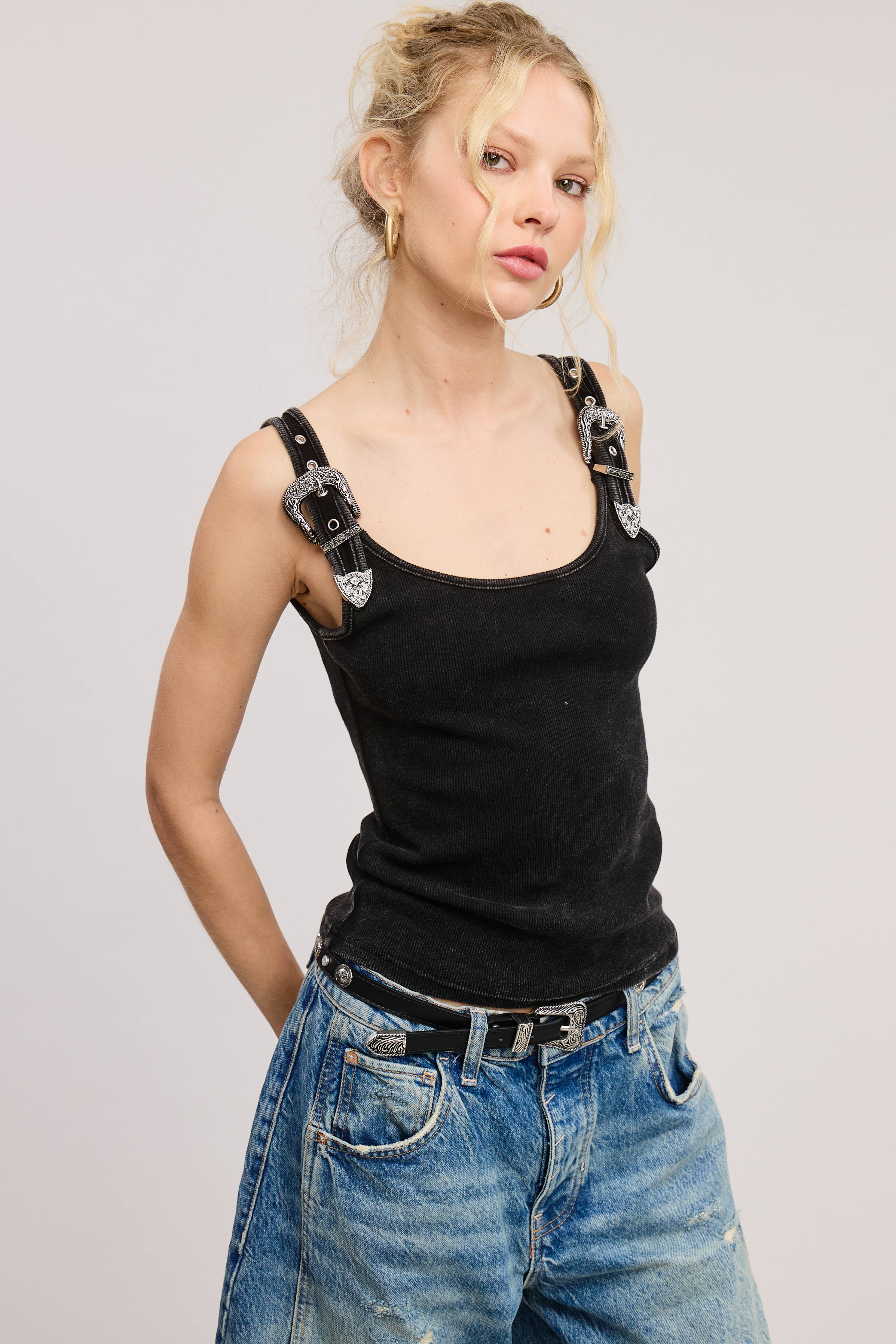 Western Belt Trim Tank Top - Black