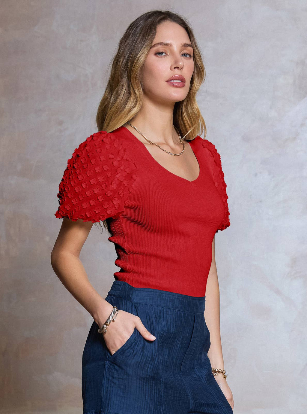 3D Floral Short Sleeve Knit Top - Red