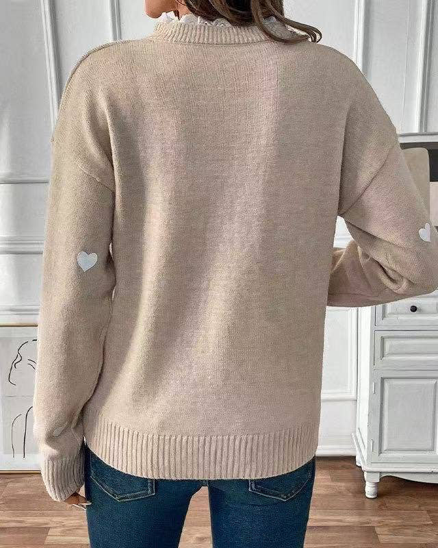 Heart Print Lace Trim Sweater