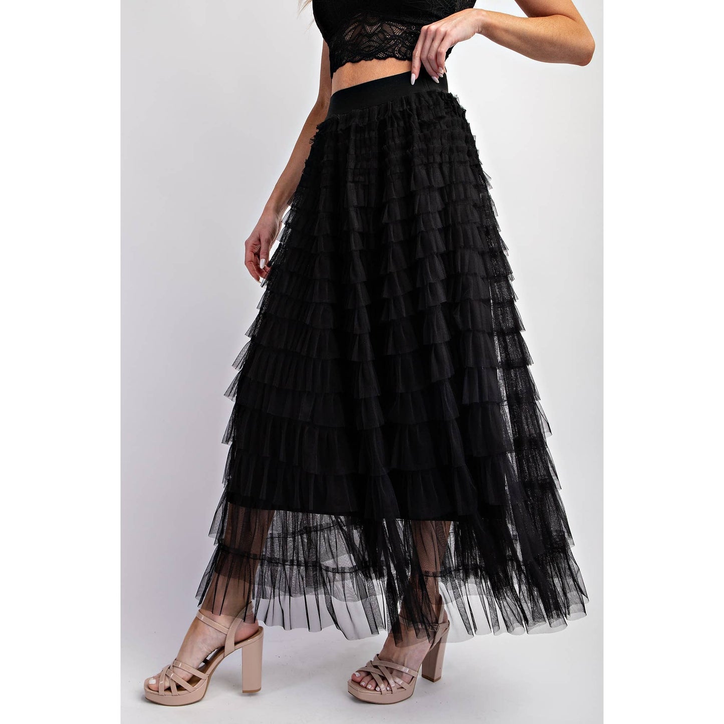 Cascading Tulle Tiered Maxi Skirt - Black