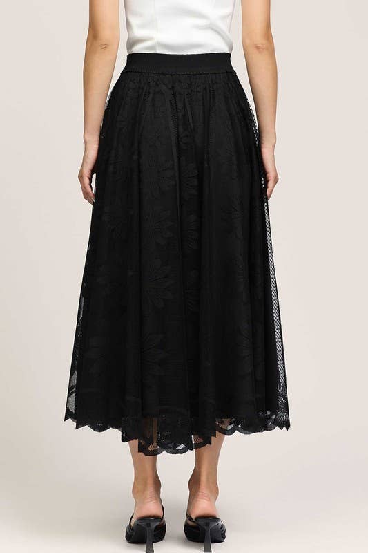 Floral Embroidered Mesh Midi Skirt - Black