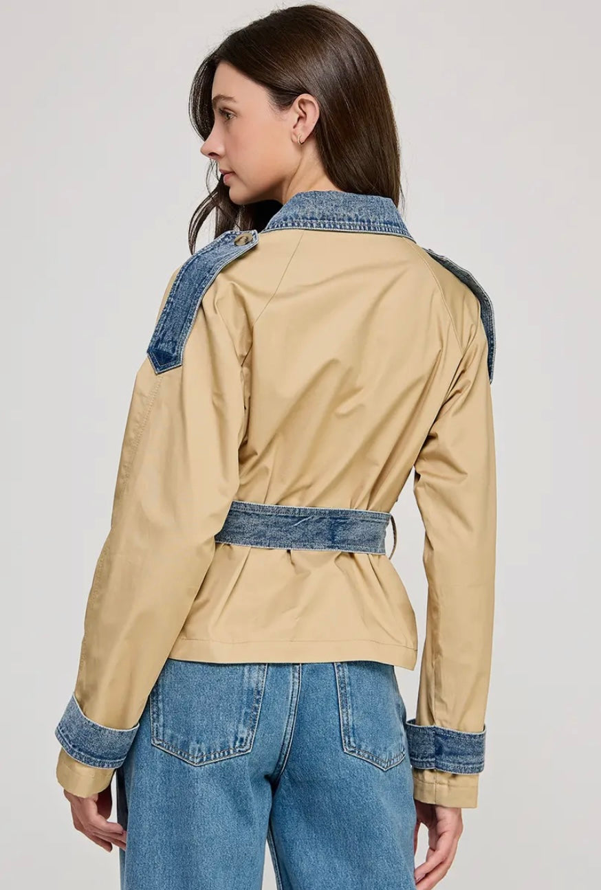 Duo Color Cropped Trench Jacket - Denim