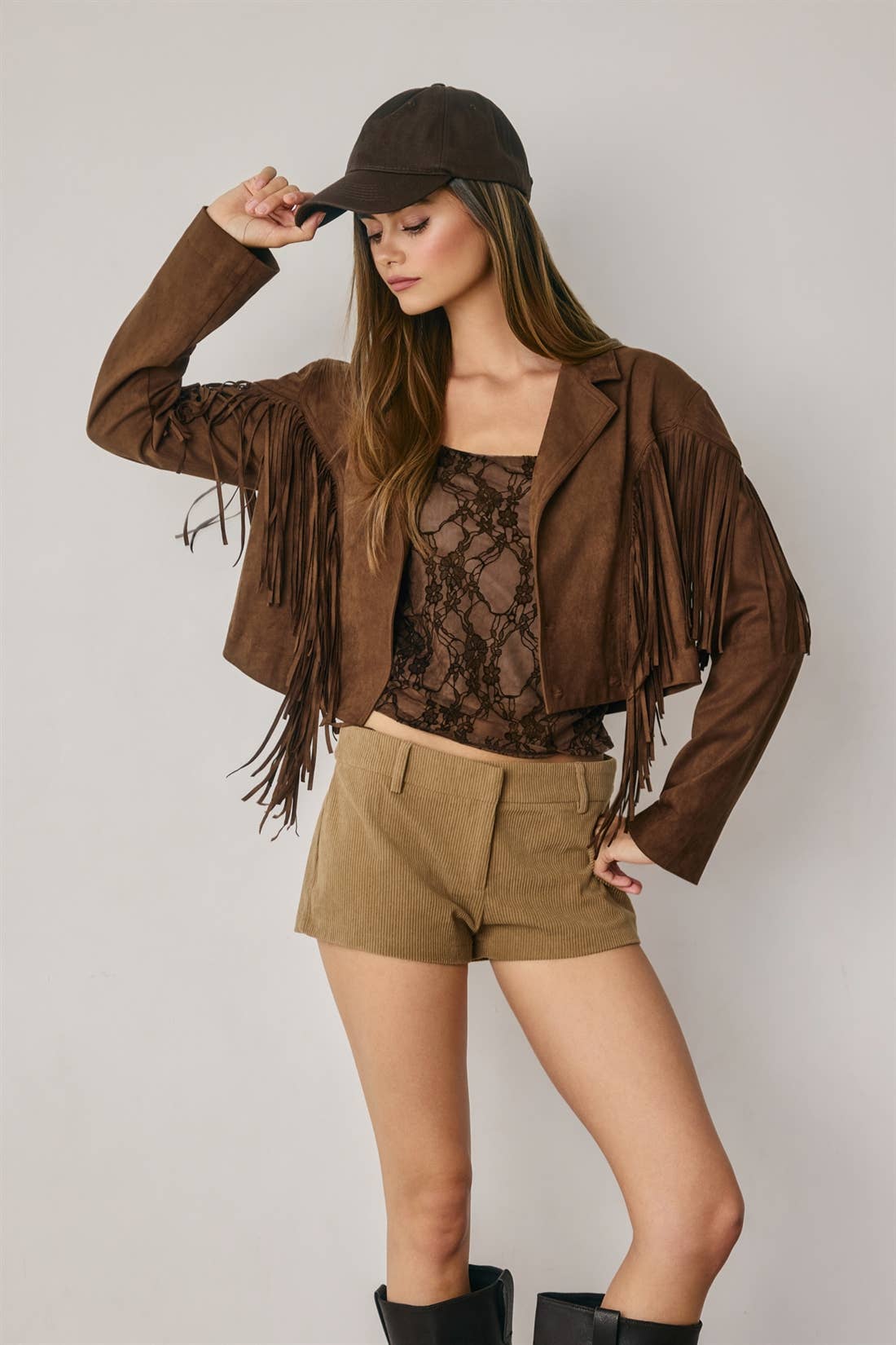 Faux Suede Fringe Cropped Jacket