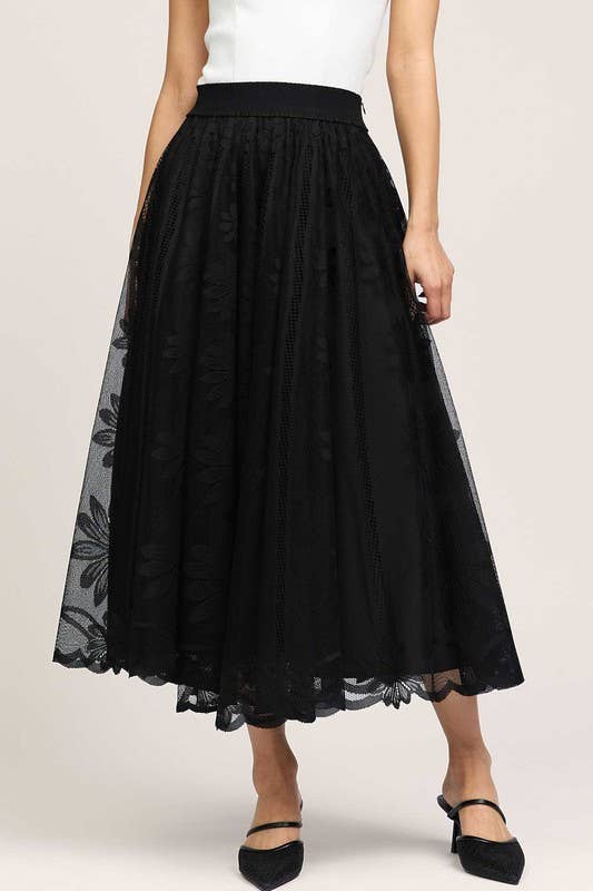 Floral Embroidered Mesh Midi Skirt - Black