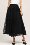 Floral Embroidered Mesh Midi Skirt - Black