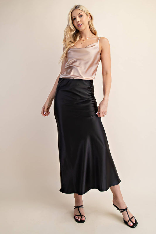 Satin Midi Skirt - Black