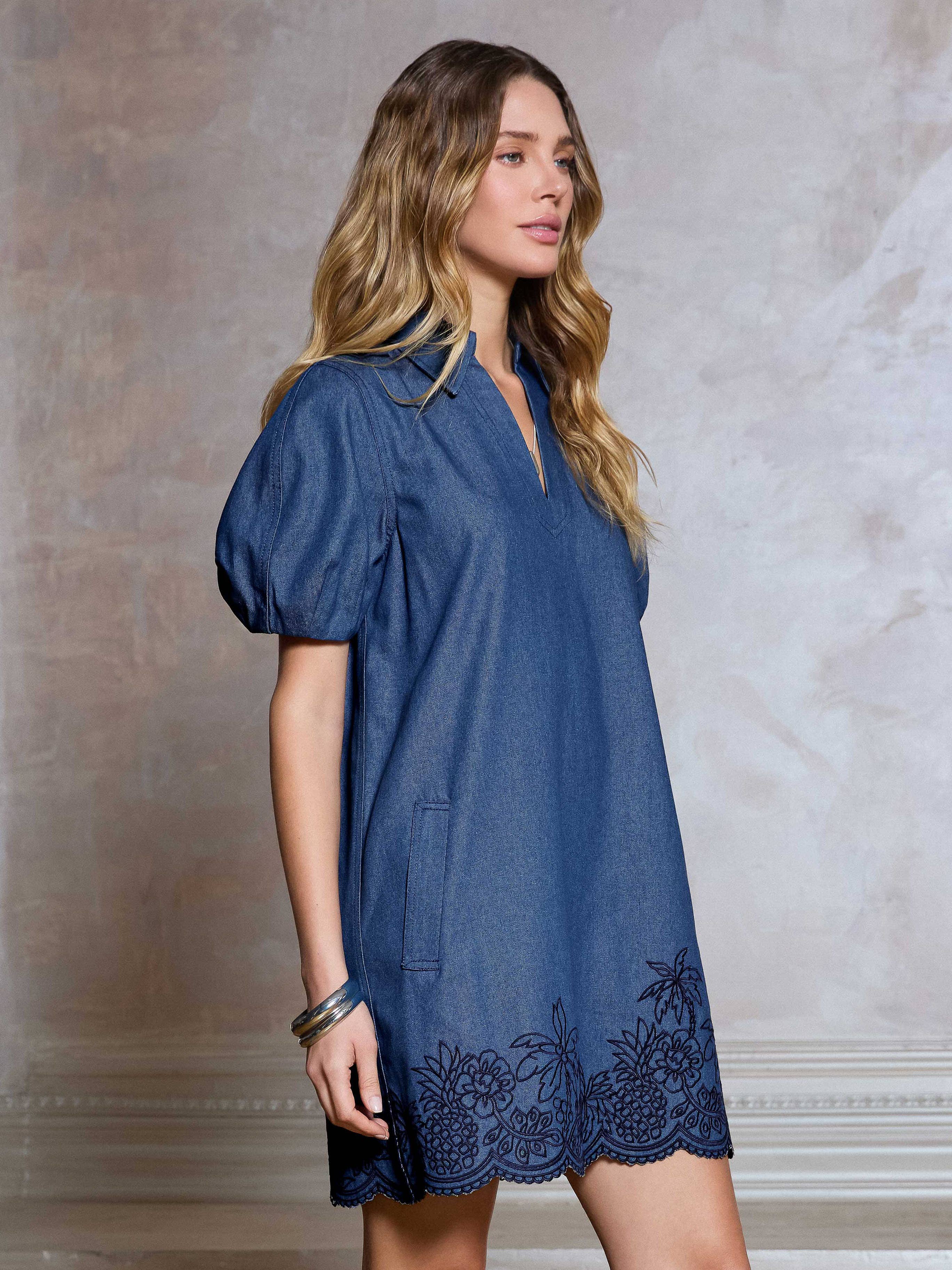 Denim Embroidered Shift Mini Dress