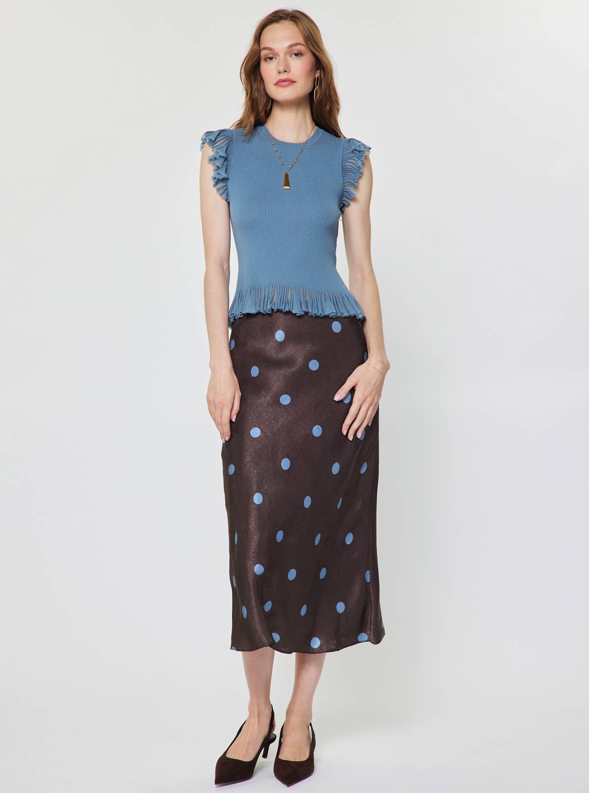 Sheer Ruffle Detail Sweater Top - Dusty Blue