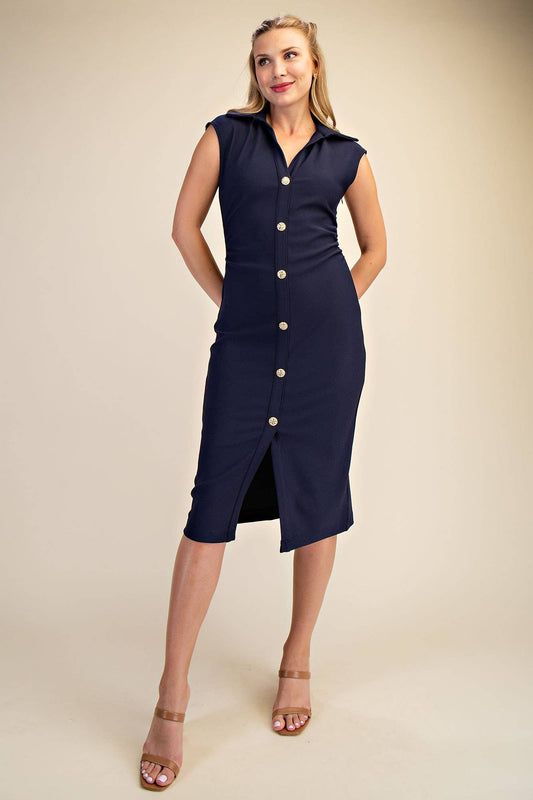 V-Neck Midi Shirt Dress - Navy