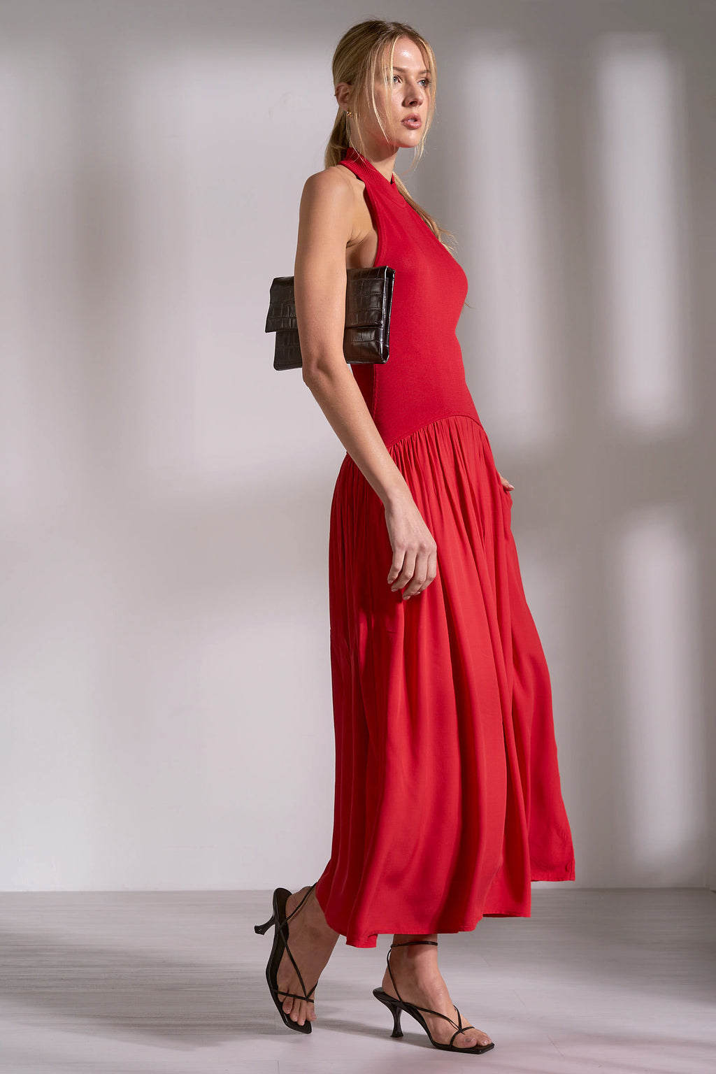 Red Halter Midi Dress