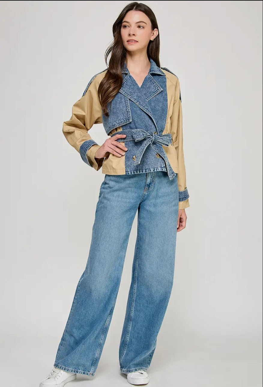 Duo Color Cropped Trench Jacket - Denim