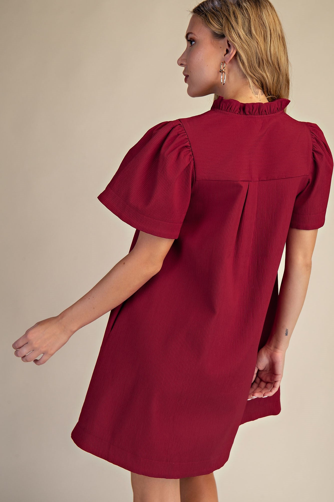 Ruffle V-Neck Mini Dress - Burgundy