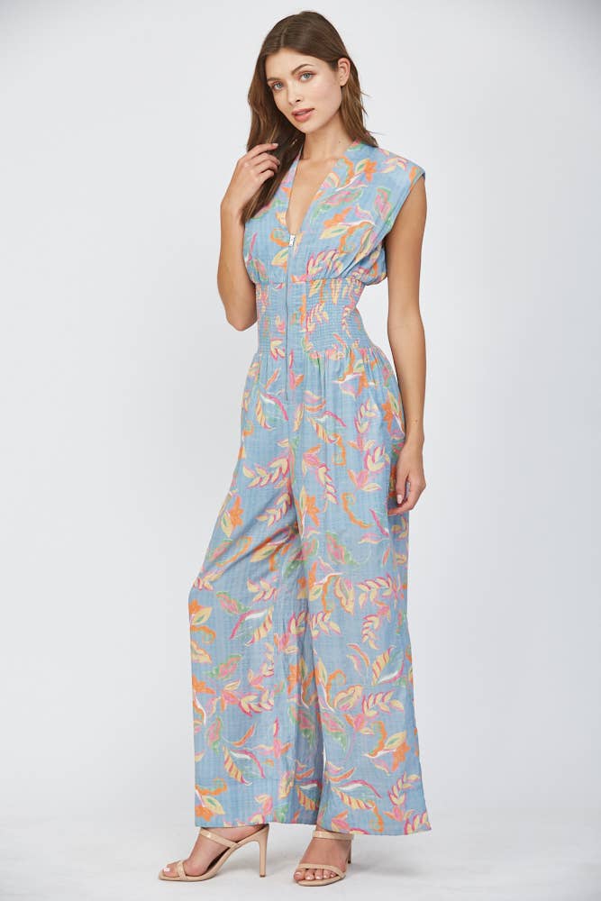 Smocked Waist Front Zip Jumpsuit