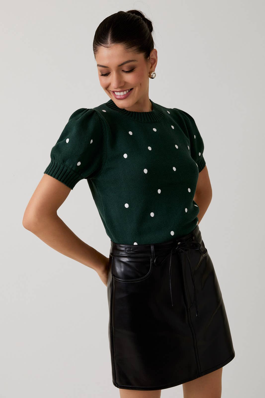 Puff Sleeve Polka Dot Sweater - Hunter Green