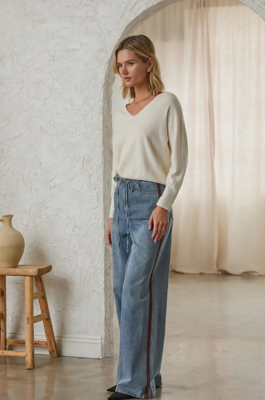 Drawstring Denim Pants with Faux Suede Trim