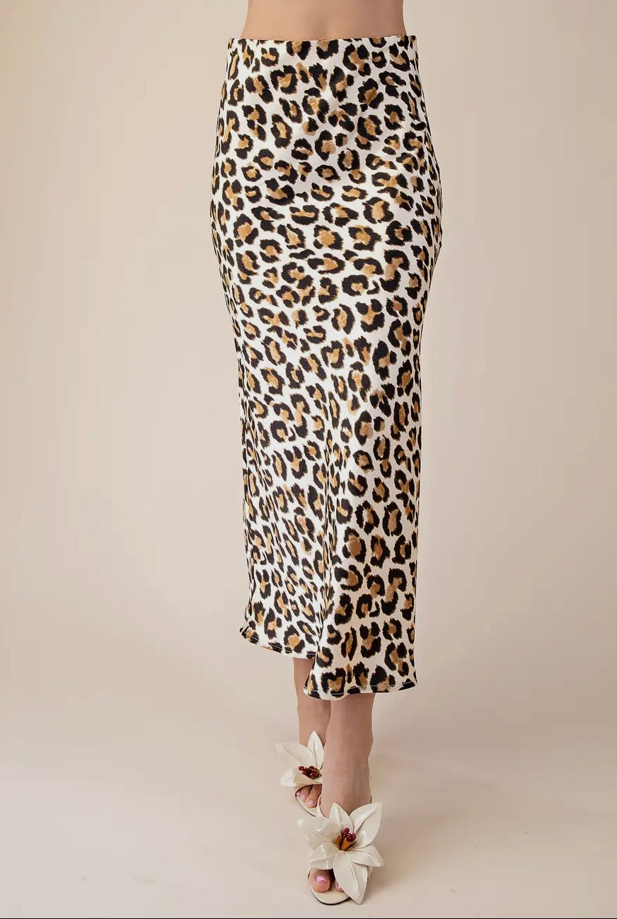 Bias Satin Midi Skirt - Leopard