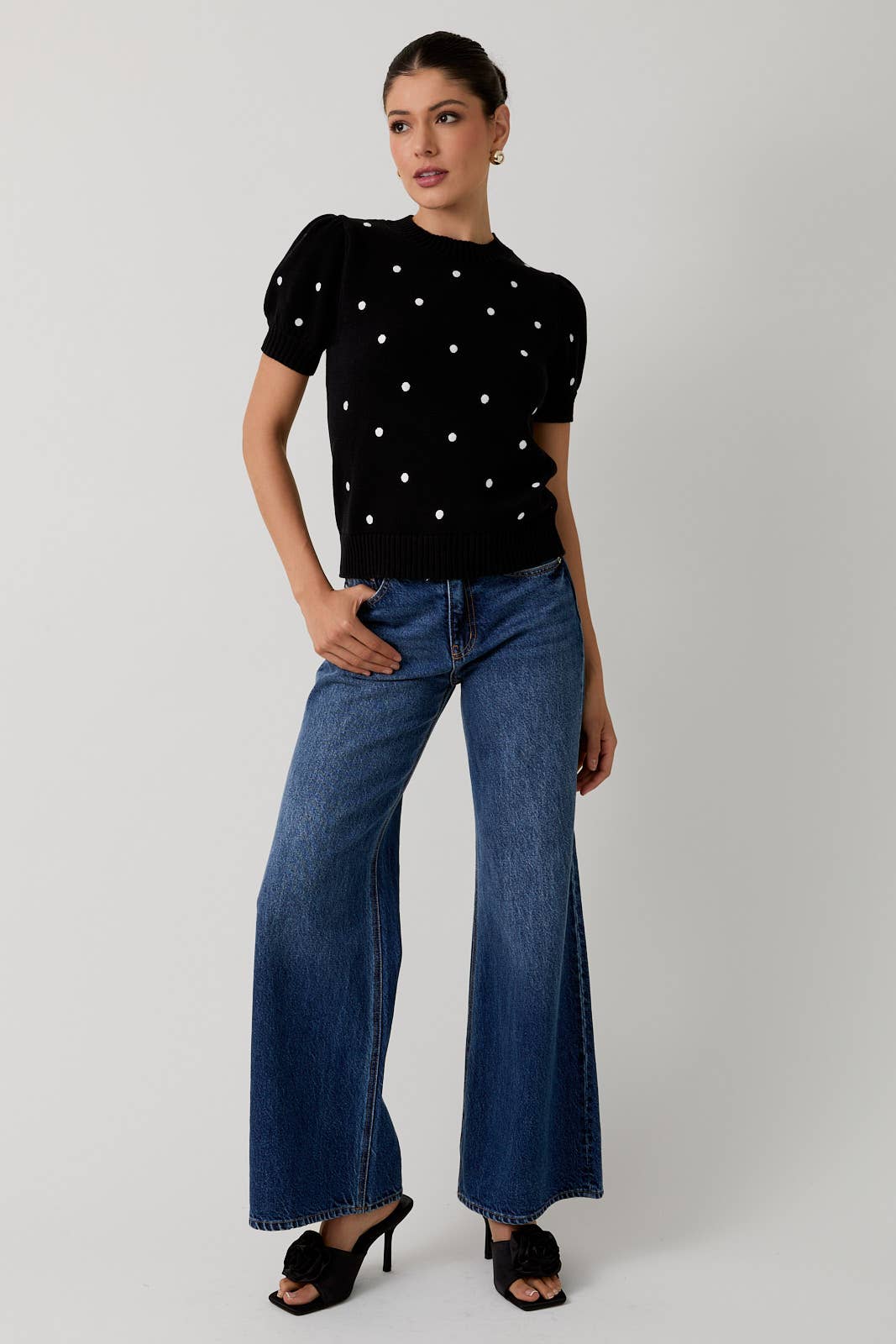Puff Sleeve Polka Dot Sweater - Plum or Black