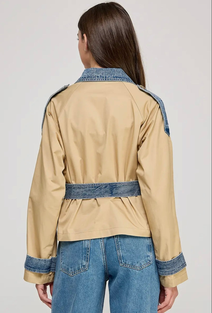 Duo Color Cropped Trench Jacket - Denim