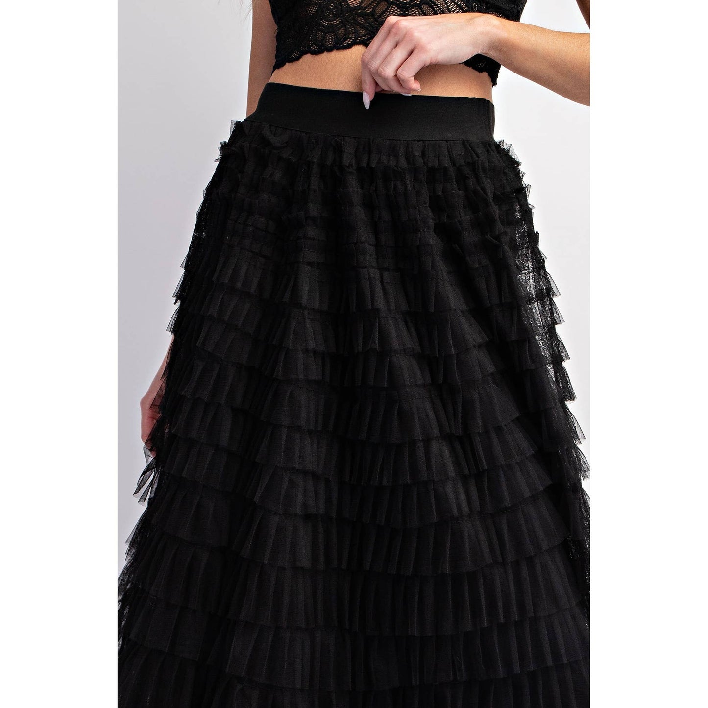 Cascading Tulle Tiered Maxi Skirt - Black