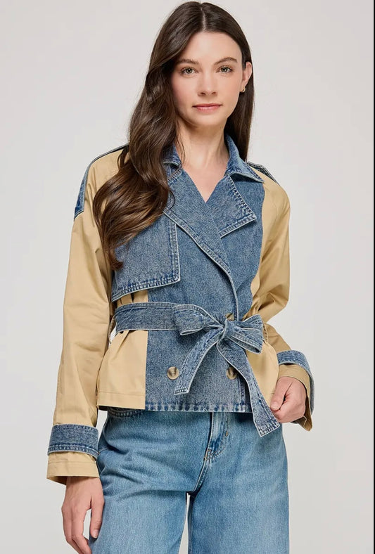 Duo Color Cropped Trench Jacket - Denim