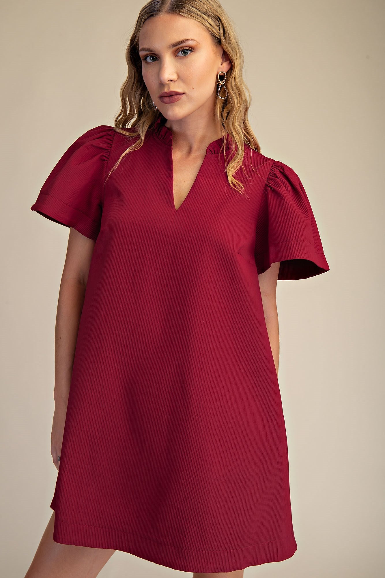 Ruffle V-Neck Mini Dress - Burgundy
