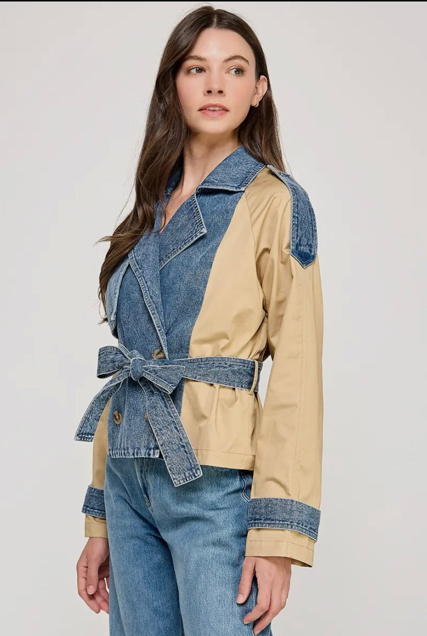 Duo Color Cropped Trench Jacket - Denim