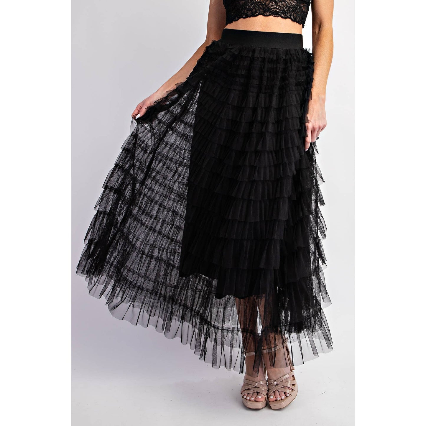 Cascading Tulle Tiered Maxi Skirt - Black