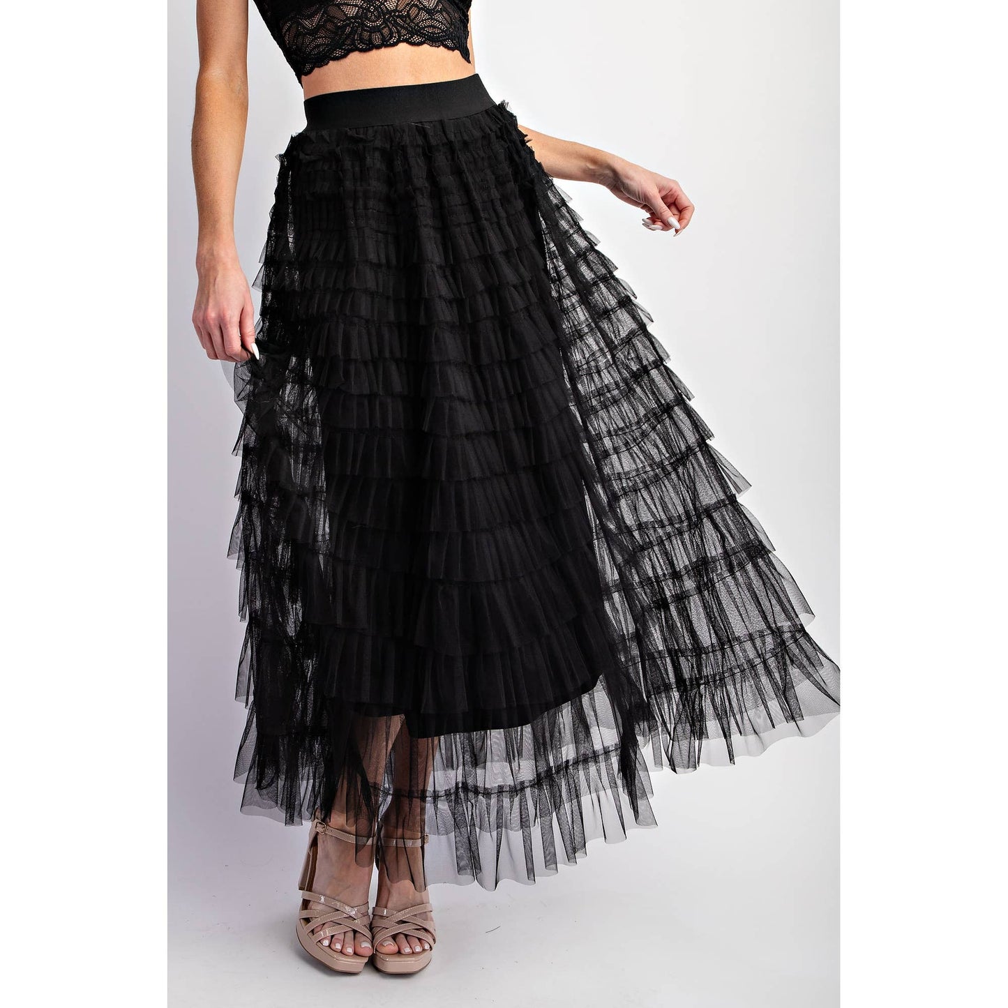 Cascading Tulle Tiered Maxi Skirt - Black