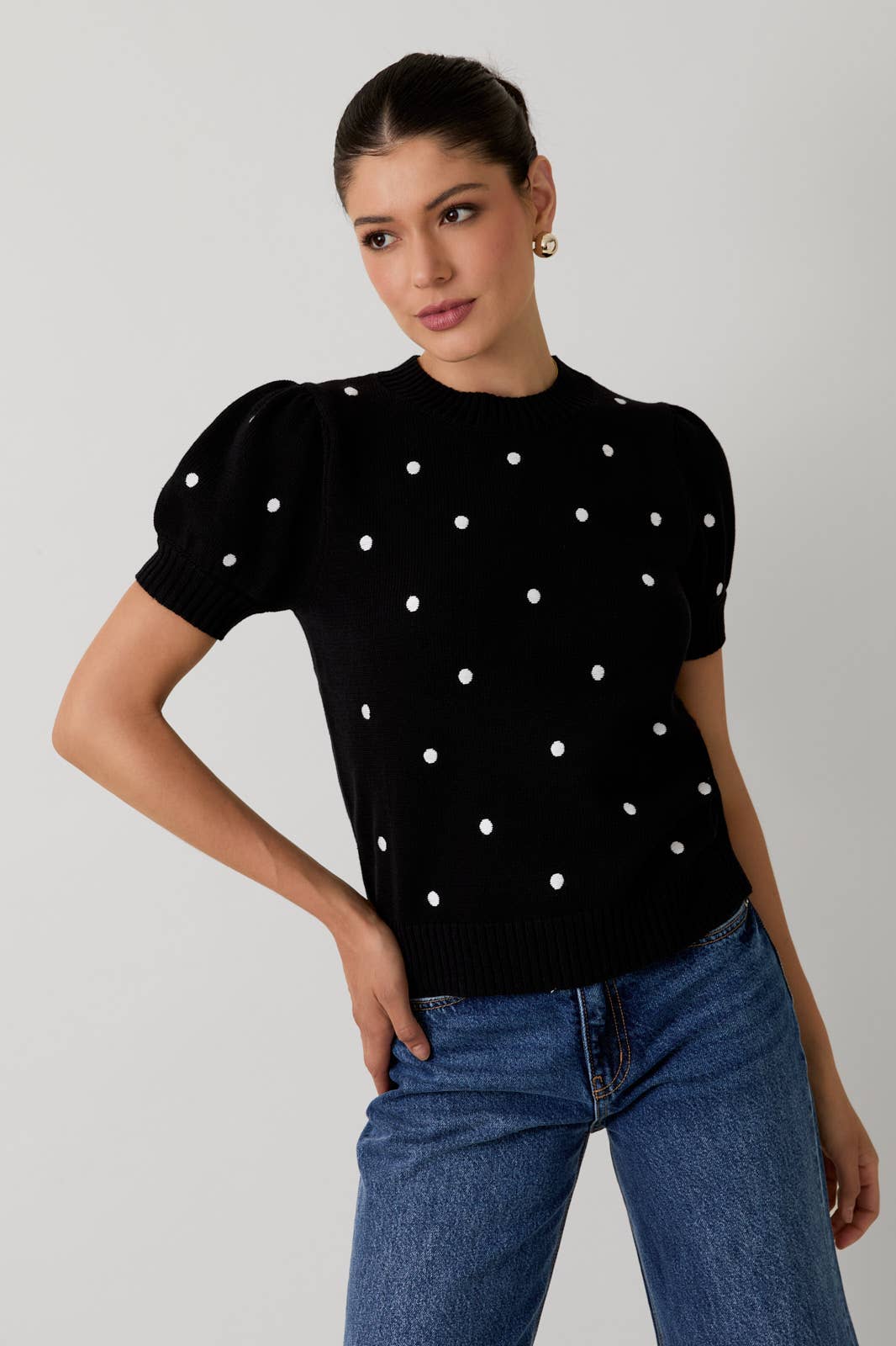 Puff Sleeve Polka Dot Sweater - Plum or Black