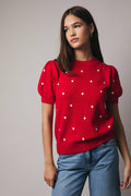 Puff Sleeve Polka Dot Sweater - Red