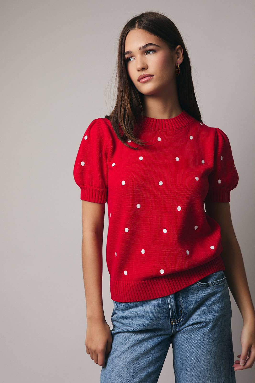 Puff Sleeve Polka Dot Sweater - Red