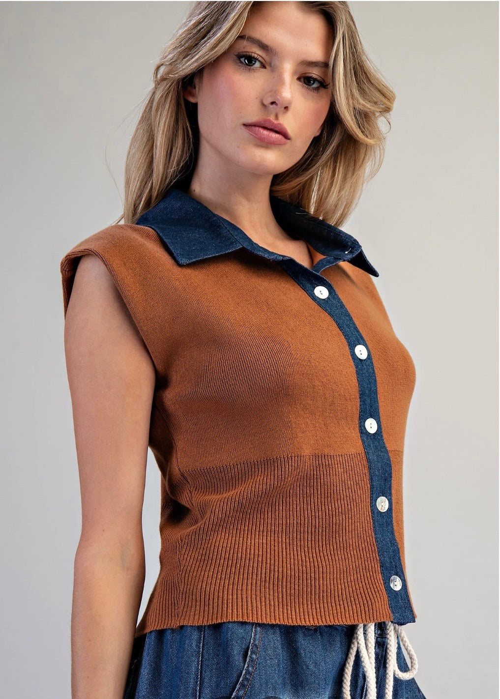 Denim Contrast Cap Sleeve Knit Top - Coco