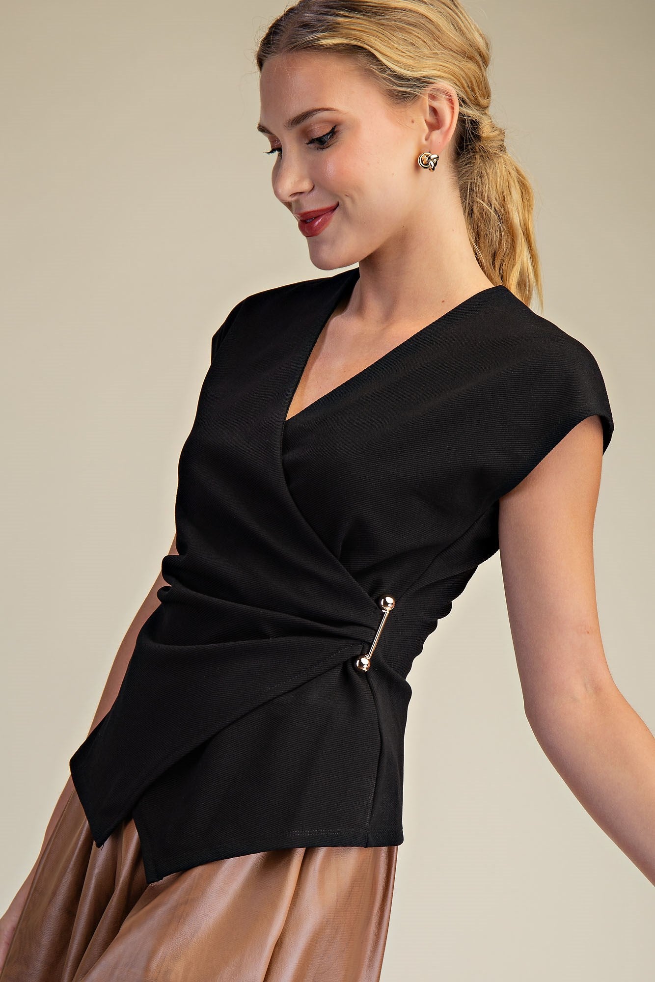 Surplice V-Neck Top - Black