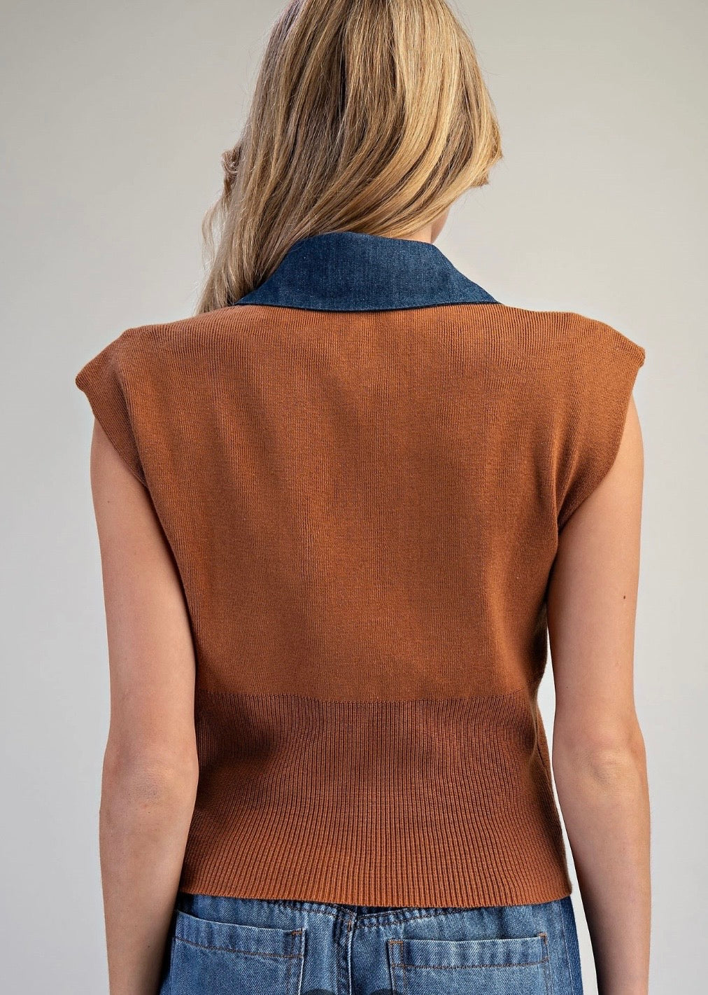Denim Contrast Cap Sleeve Knit Top - Coco